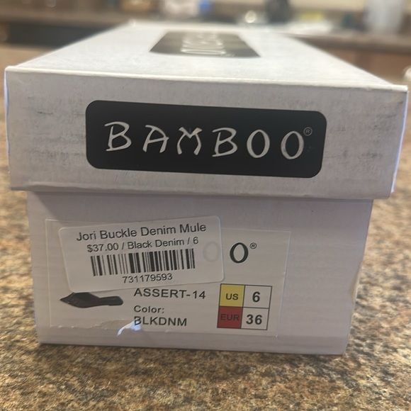 Bamboo Buckle Mule Size 6 Black Denim Slip On Flats Pointed Toe New With Box - Picture 11 of 11